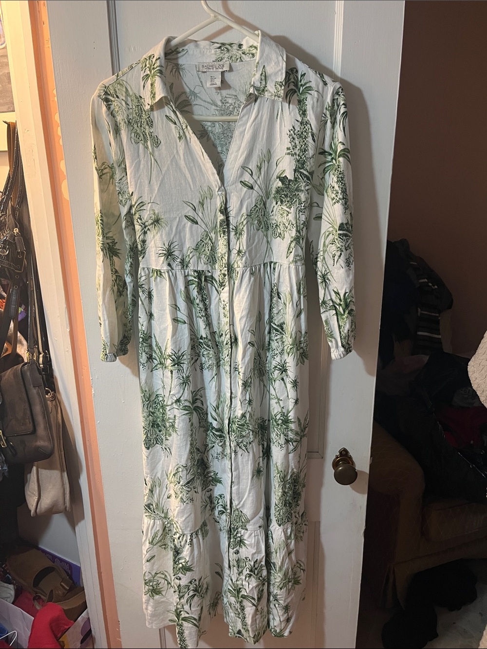 Rachel Zoe White Maxi Dress with Green Botanical Print